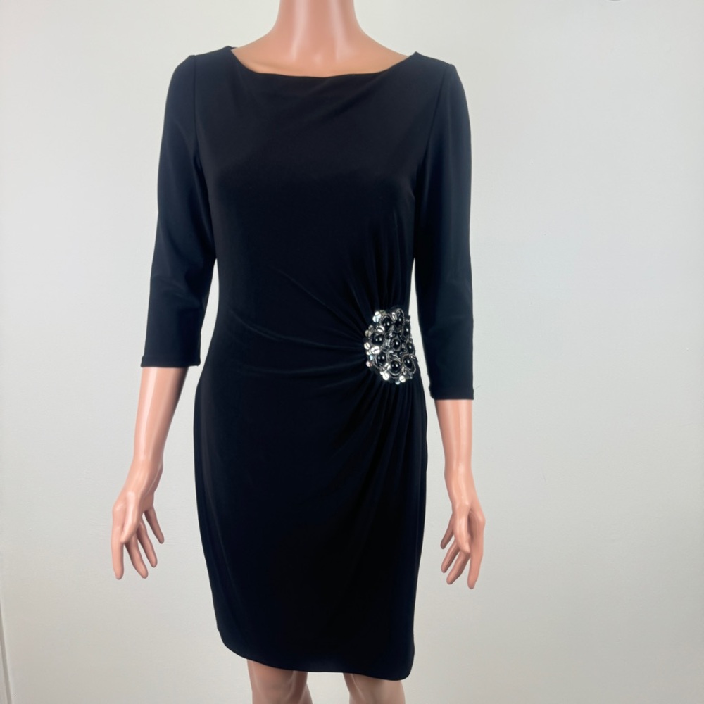 Women's Nine West Knee Length 3/4 Sleeve Ruched Accent Dress Size 4 Black - Picture 10 of 14